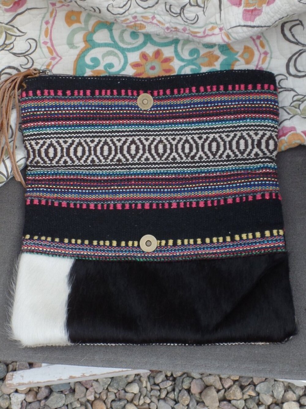 Bhrayna Bag Pony Tribal Design Fold Over Cotton & Leather Clutch - Picture 3 of 10